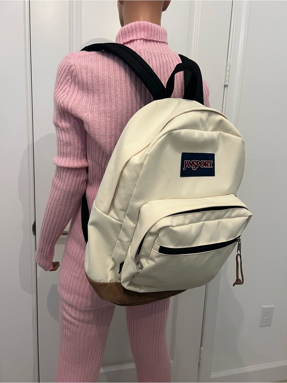 Jansport Cream Canvas Backpack with Black Straps and Brown Suede Base